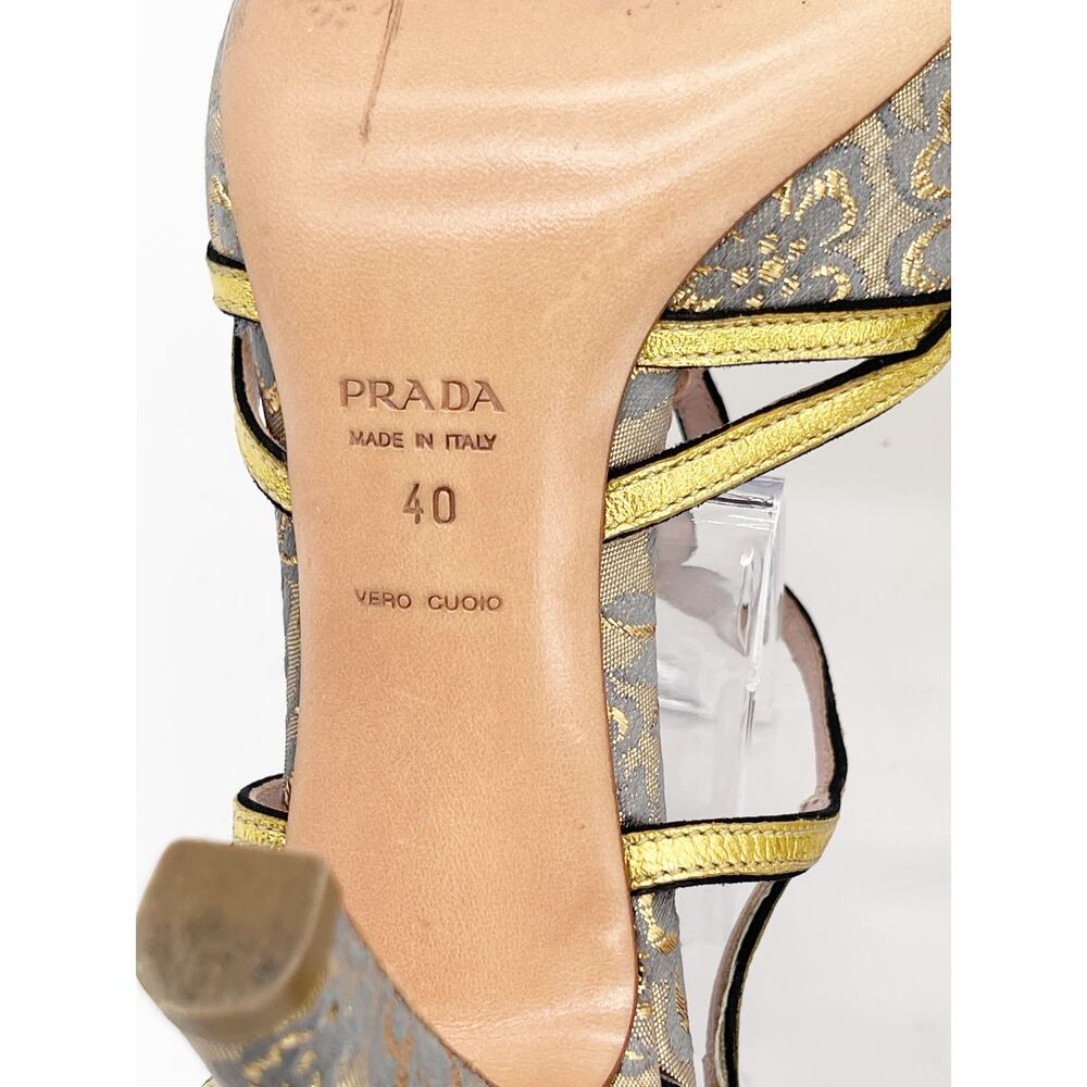 Prada Vintage Gold Floral Brocade Retro Baroque Strappy Square Toe Heels IT 40 - Picture 11 of 11